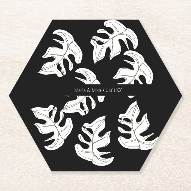 Posavasos De Papel Boda Botánica Monstera Blanco Negro (Anverso)
