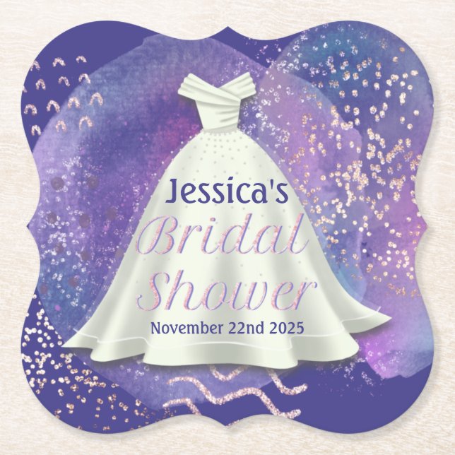 Posavasos De Papel Boda Bridal Shower Gown Purple & Rosa Gold Glam (Anverso)