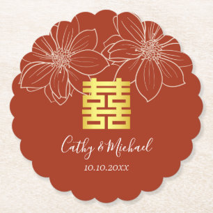 Posavasos De Papel Boda china floral moderna roja boho