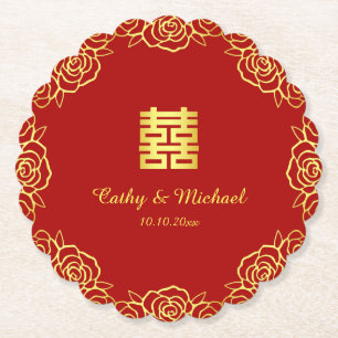 Posavasos De Papel boda china floral rosa recorte de papel rojo y dor
