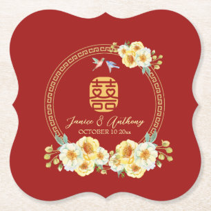 Posavasos De Papel Boda chino de ave floral roja