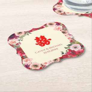 Posavasos De Papel Boda chino jardín rojo floral doble felicidad
