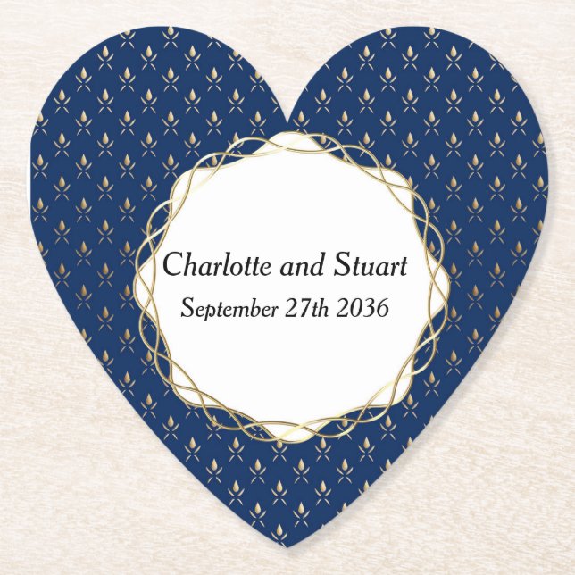 Posavasos De Papel Boda clásico azul y oro (Anverso)
