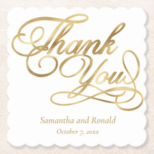 Posavasos De Papel Boda de Caligrafía de Gracias con Hoja de Oro y Bl