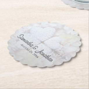Posavasos De Papel Boda de Corazones Blancos y Flores de Peonía