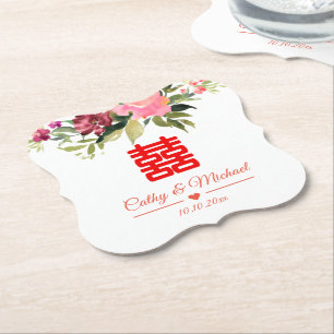 Posavasos De Papel Boda de doble felicidad de flores en acuarela