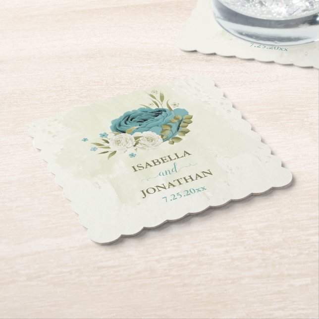 Posavasos De Papel boda de flores azules blancas (En perspectiva)