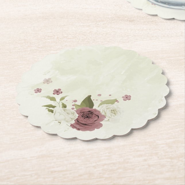 Posavasos De Papel boda de flores blancas rosa polvoriento (En perspectiva)