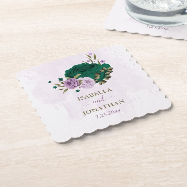 Posavasos De Papel boda de flores moradas verdes esmeraldas (En perspectiva)