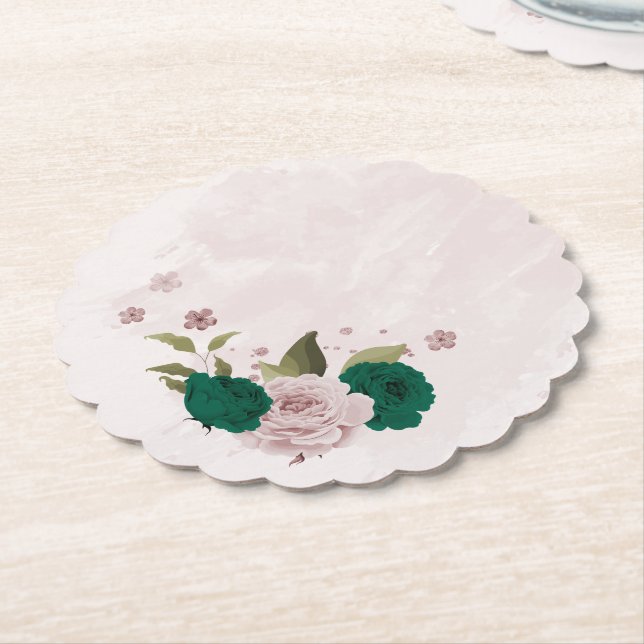 Posavasos De Papel boda de flores rosa verde esmeralda (En perspectiva)