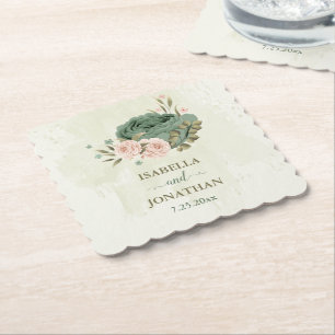 Posavasos De Papel boda de flores verdes de color verde sabio