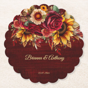 Posavasos De Papel Boda de girasol  burgundy monograma impreso