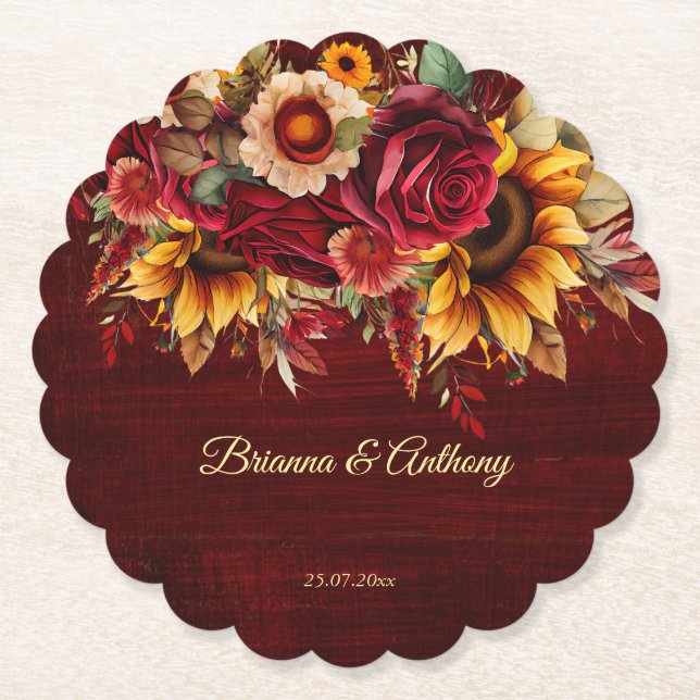 Posavasos De Papel Boda de girasol  burgundy monograma impreso (Anverso)