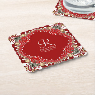 Posavasos De Papel Boda de Monograma Batik Bohemian Rojo