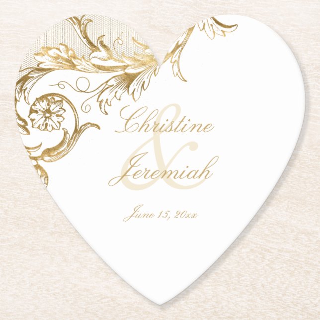 Posavasos De Papel Boda de nombres de guiones de Damasco Floral Vinta (Anverso)