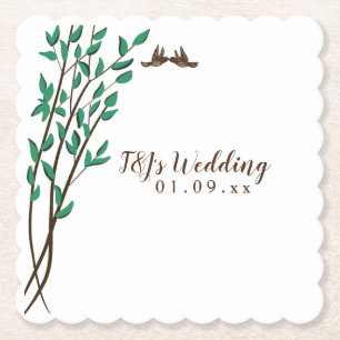 Posavasos De Papel Boda de pájaros de amor con ramas rústicas y folla
