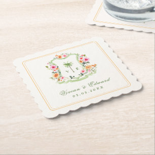 Posavasos De Papel Boda de Playa de Verano en Monograma Palm Tree Tro