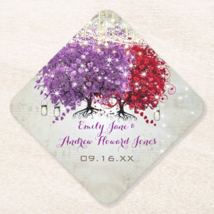 Posavasos De Papel Boda del Árbol de Hoja de Corazón Rojo Púrpura Mus