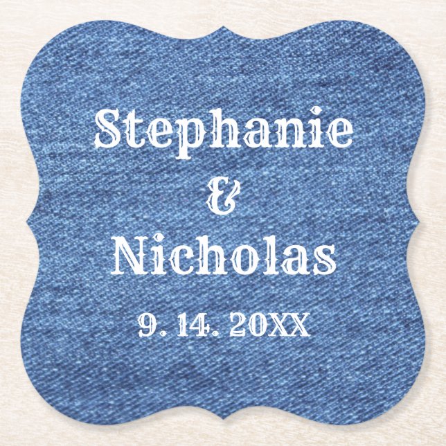 Posavasos De Papel Boda del tema del denim blanco azul (Anverso)