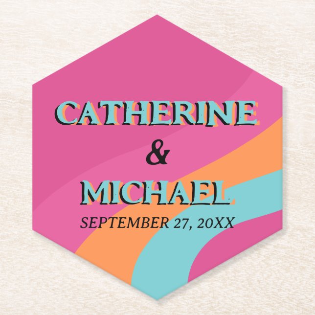 Posavasos De Papel Boda divertido Groovy Fuchsia de Retro 70 (Anverso)