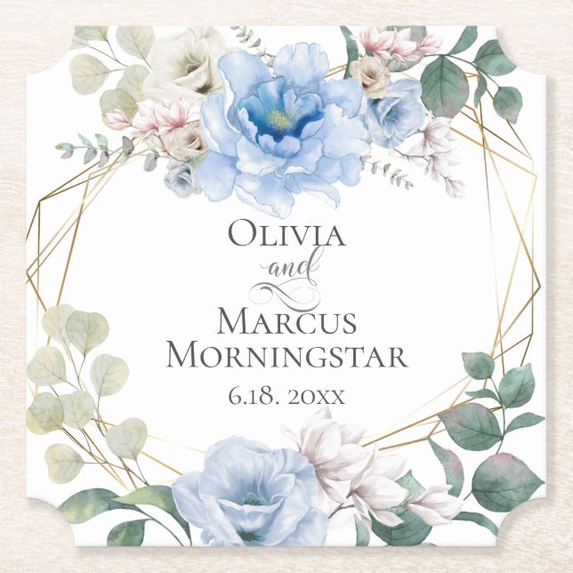 Posavasos De Papel Boda Elegant Sky Blue Peony Flowers (Anverso)