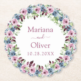 Posavasos De Papel Boda floral acuarela de color azul borgoña de la m