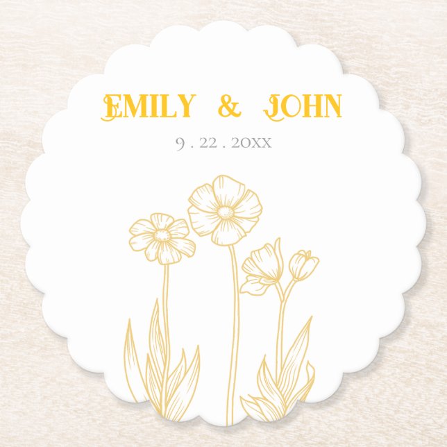 Posavasos De Papel Boda floral amarillo y blanco (Anverso)