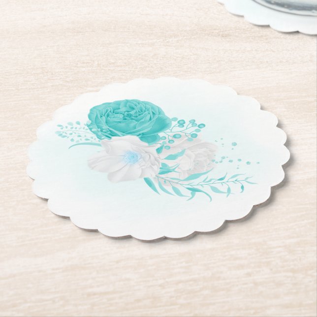 Posavasos De Papel boda floral blanca turquesa (En perspectiva)