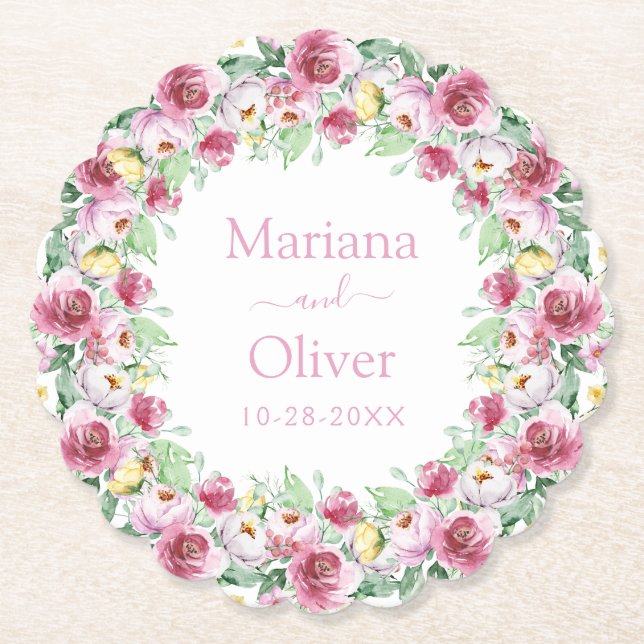 Posavasos De Papel Boda floral color agua rosa (Anverso)