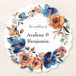 Posavasos De Papel Boda floral de color azul y Naranja