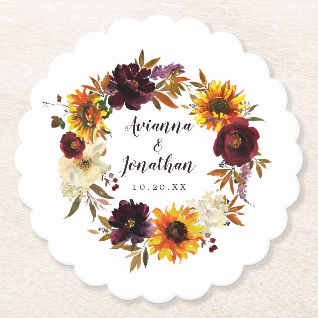 Posavasos De Papel Boda floral de otoño rústico (Anverso)