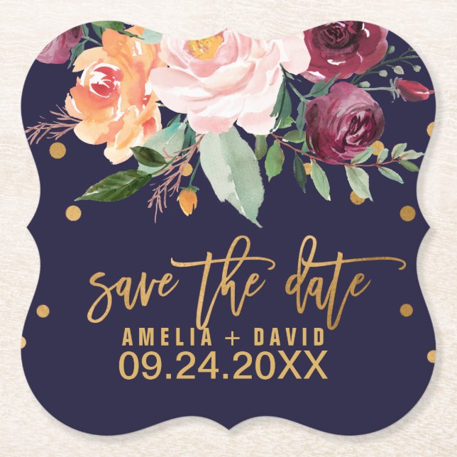 Posavasos De Papel Boda floral de otoño salva la Invitación de fecha (Anverso)