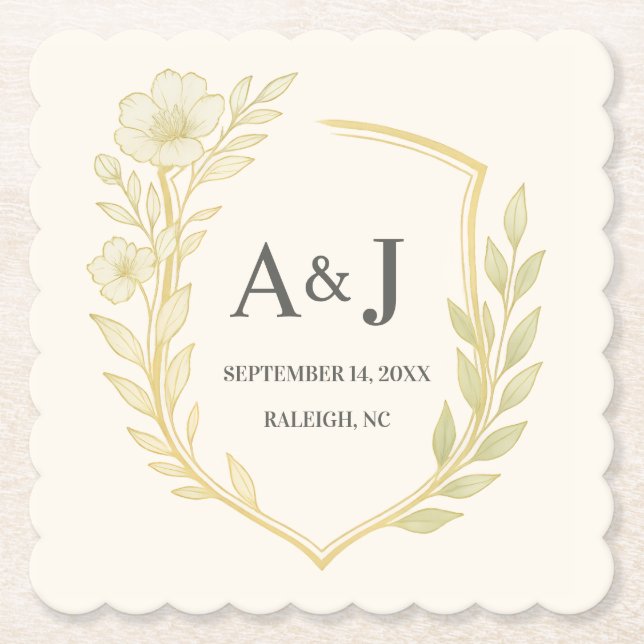 Posavasos De Papel Boda floral Escudo Monograma Laurel Wreath (Anverso)