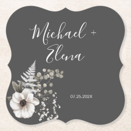 Posavasos De Papel Boda floral gris oscuro y blanco