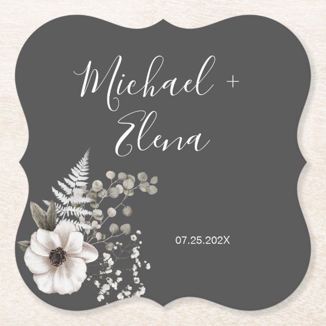 Posavasos De Papel Boda floral gris oscuro y blanco (Anverso)