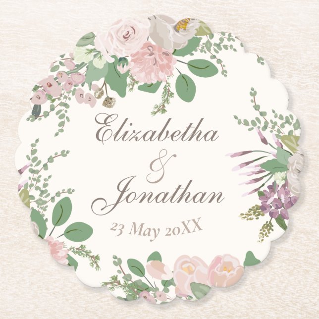 Posavasos De Papel Boda floral moderna personalizada (Anverso)