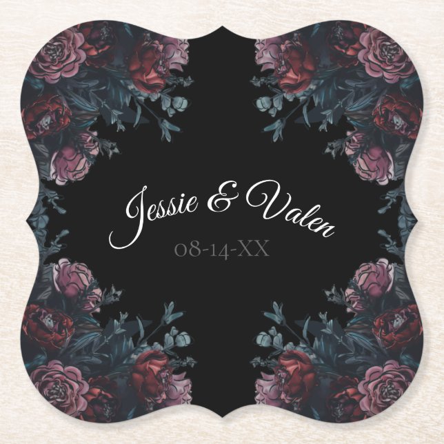 Posavasos De Papel Boda floral oscuro Gothic Black Elegant (Anverso)