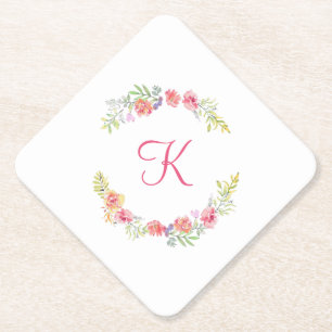 Posavasos De Papel Boda floral rosa, verde amarillo monograma