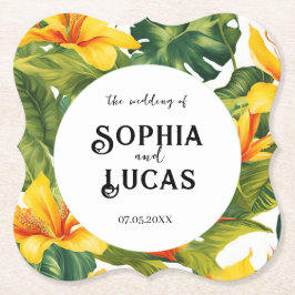 Posavasos De Papel Boda floral tropical amarillo