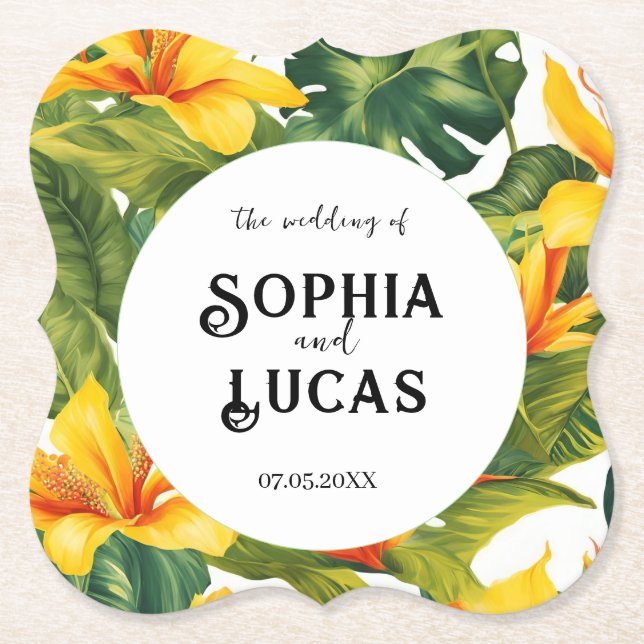 Posavasos De Papel Boda floral tropical amarillo (Anverso)