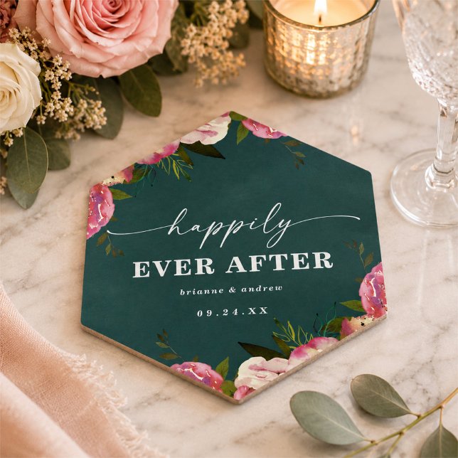 Posavasos De Papel Boda Floral Verde Azul Profundo Blooming Chic (Happily ever after wedding reception coasters)
