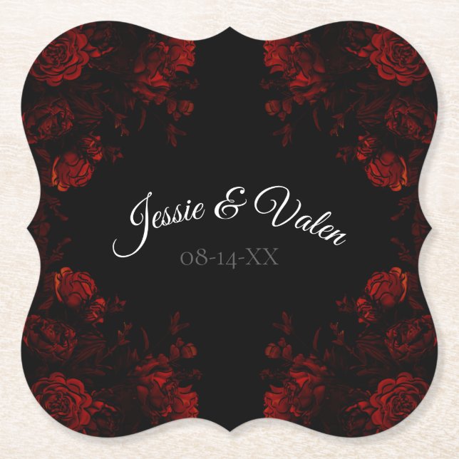 Posavasos De Papel Boda gótico elegante floral rojo profundo (Anverso)