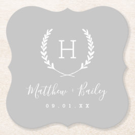 Posavasos De Papel Boda  Laurel Escudo Monograma | Gris