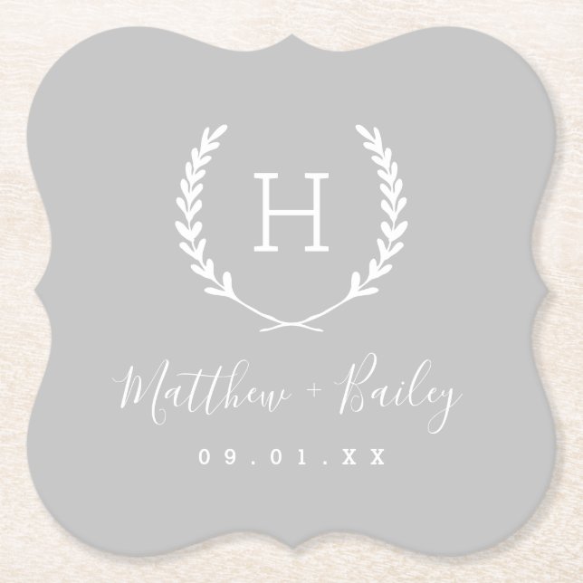 Posavasos De Papel Boda  Laurel Escudo Monograma | Gris (Anverso)