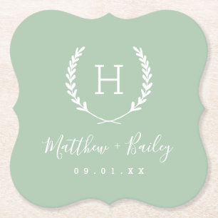 Posavasos De Papel Boda Laurel Escudo Monograma Sage