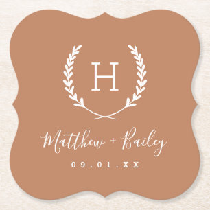 Posavasos De Papel Boda Laurel Escudo Monograma Terra Cotta