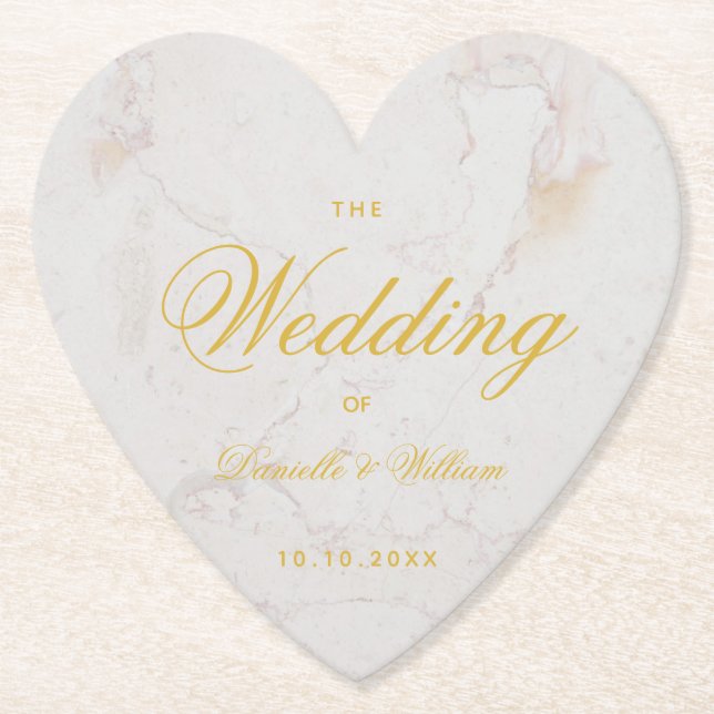 Posavasos De Papel Boda Marble Gold Elegant Calligraphy Heart (Anverso)