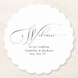 Posavasos De Papel Boda moderno de caligrafía elegante en blanco y ne