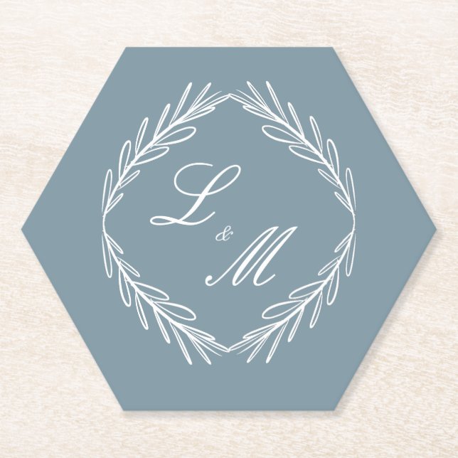 Posavasos De Papel Boda Monograma Script Branch Dusty Blue (Anverso)