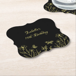 Posavasos De Papel Boda negro dorado floral romántico